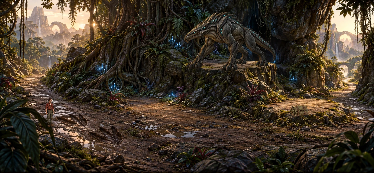 The Hunter watches from a stone ledge above Mike in the alien forest