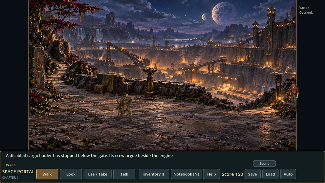 Mike in Varrak with the point-and-click command ribbon, inventory, journal, and hint controls